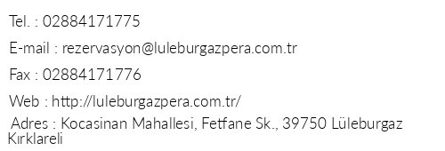 Lleburgaz Pera Hotel telefon numaralar, faks, e-mail, posta adresi ve iletiim bilgileri